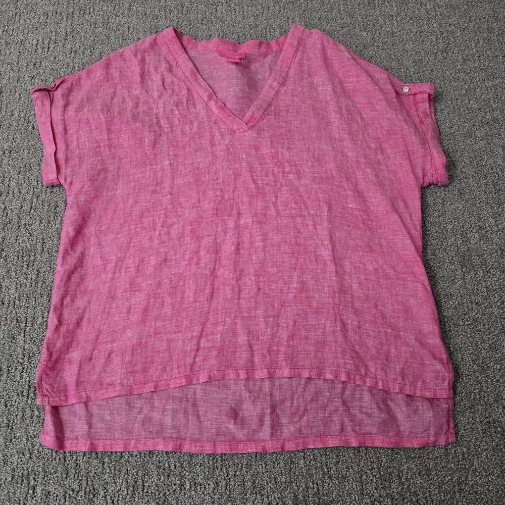 Isaac Mizrahi 100% Linen Tunic Top Pink V Neck High Low Hem Size M